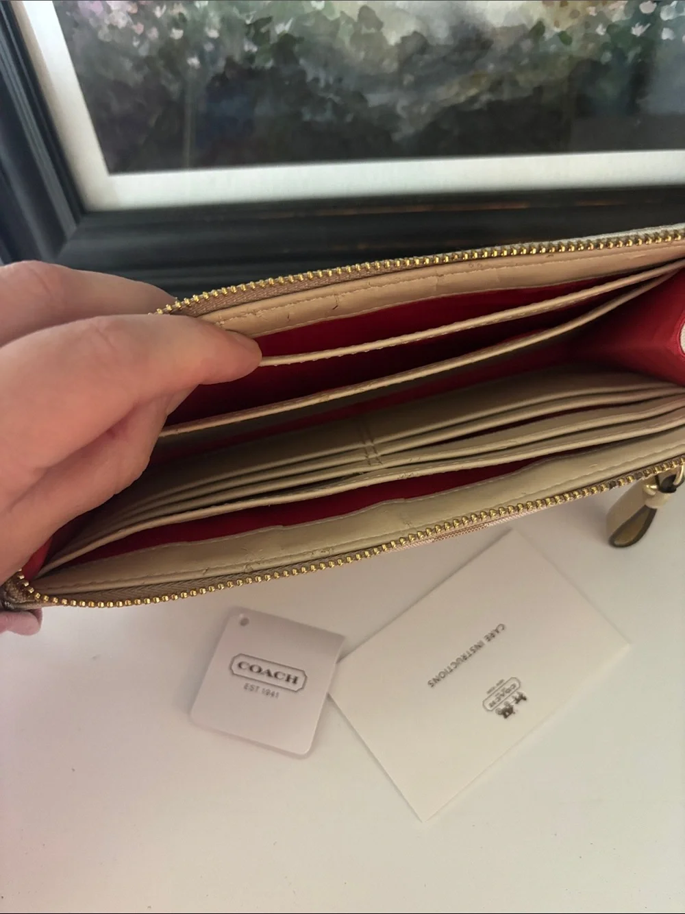 Coach Beige Signature Floral Wristlet with Gold Trim